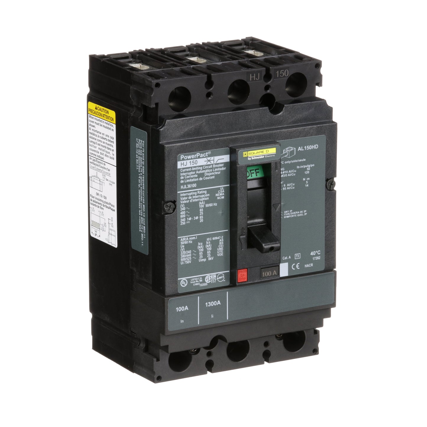Square D HJL36100 Circuit Breaker | 600V 100A 3P 65kA@480V Feed-Thru Powerpact