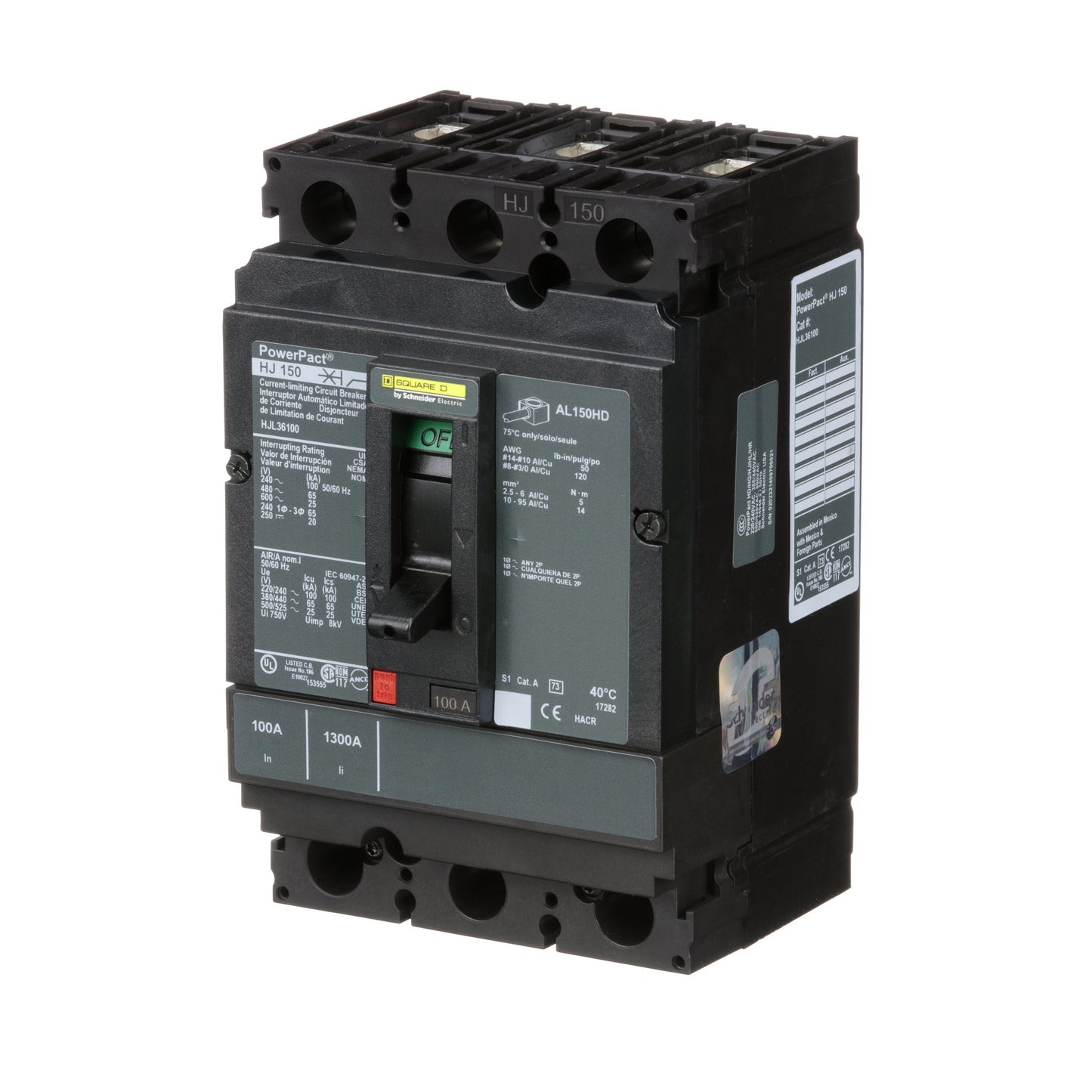 Square D HJL36100 Circuit Breaker | 600V 100A 3P 65kA@480V Feed-Thru Powerpact