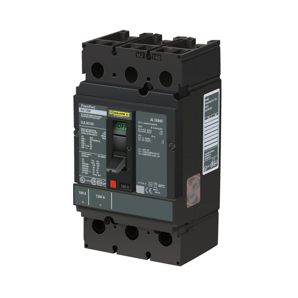 Square D HJL36100 Circuit Breaker | 600V 100A 3P 65kA@480V Feed-Thru Powerpact