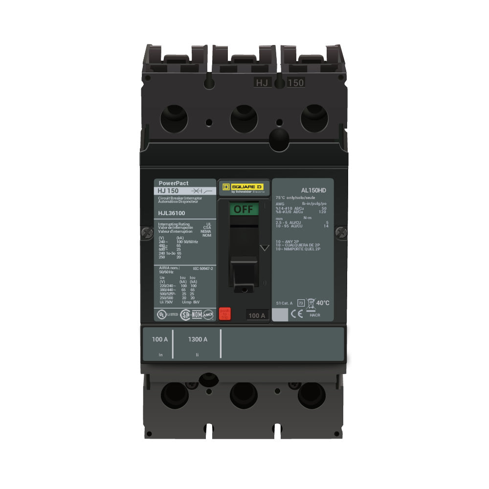 Square D HJL36100 Circuit Breaker | 600V 100A 3P 65kA@480V Feed-Thru Powerpact