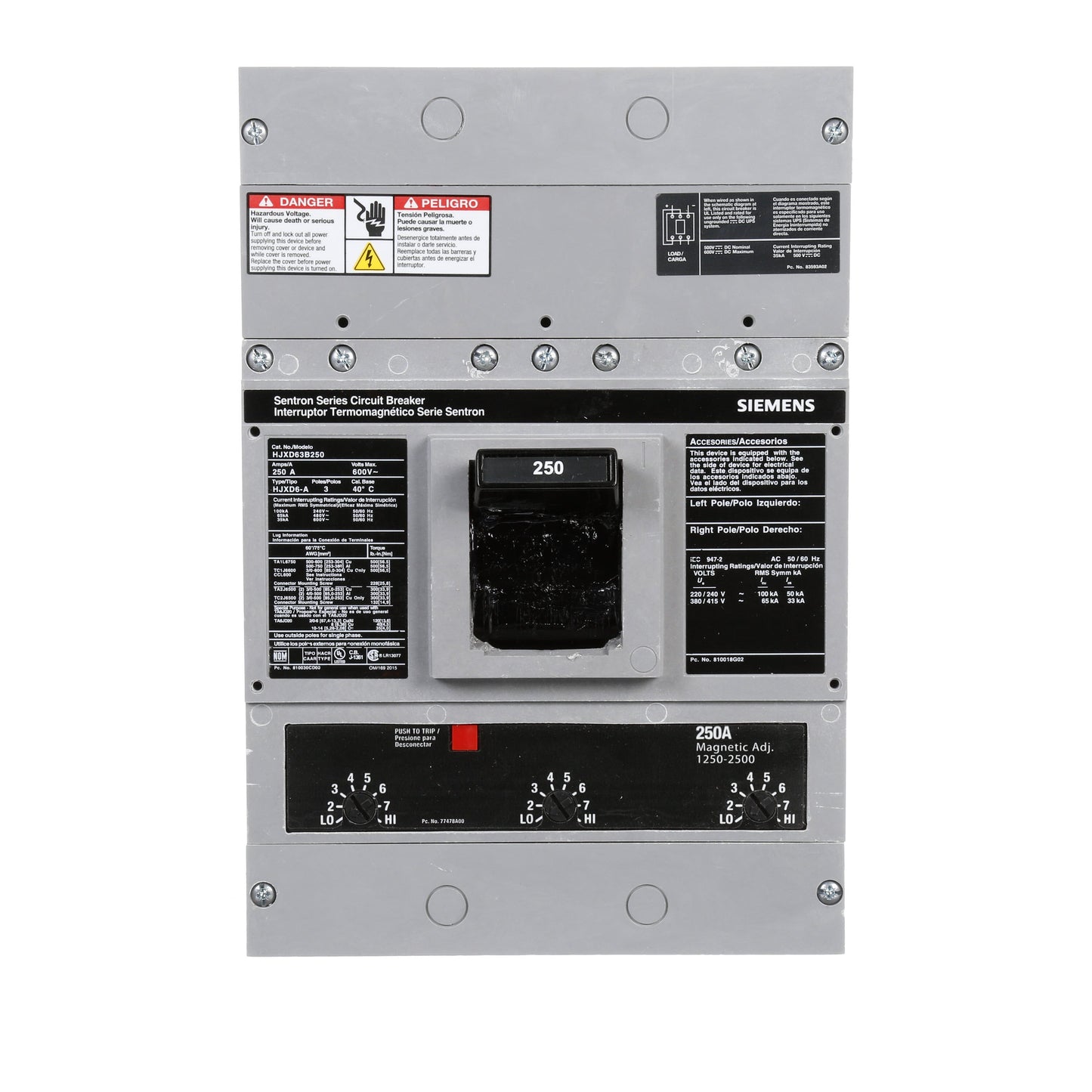 Siemens HJXD63B250 Molded Case Circuit Breaker | 600V 250A 3P 65kA@480V Bolt-On Sentron Series