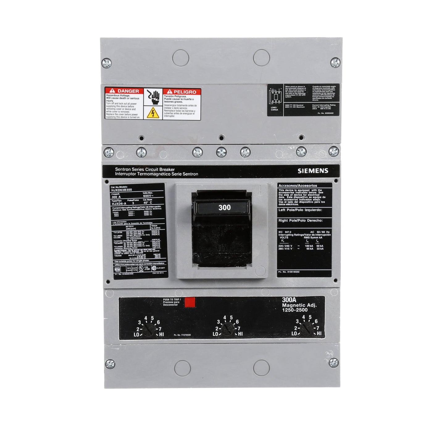 Siemens HJXD63B300 Circuit Breaker | 600V 300A 3P 65kA@480V Bolt-On Sentron Series