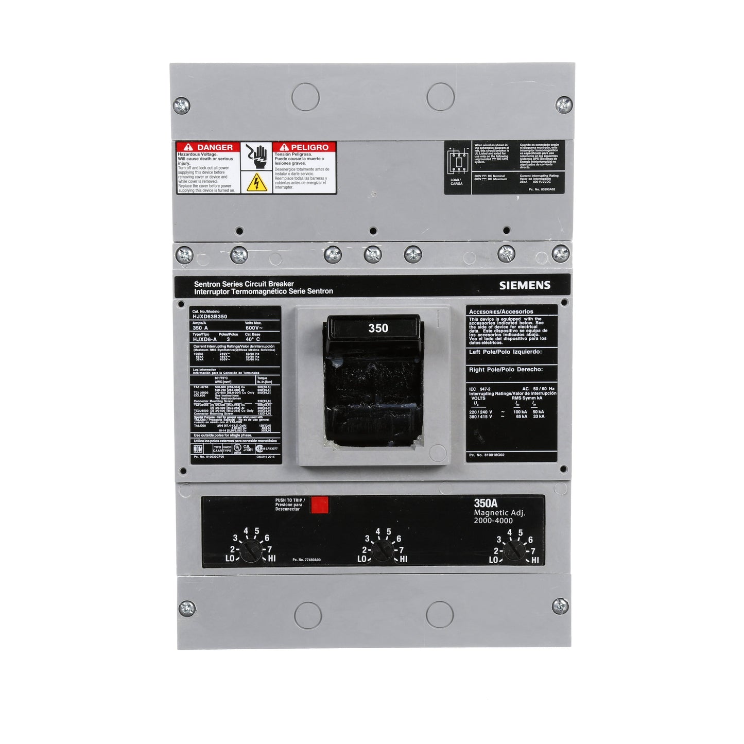 Siemens HJXD63B350 Molded Case Circuit Breaker | 600V 350A 3P 65kA@480V Bolt-On Sentron Series