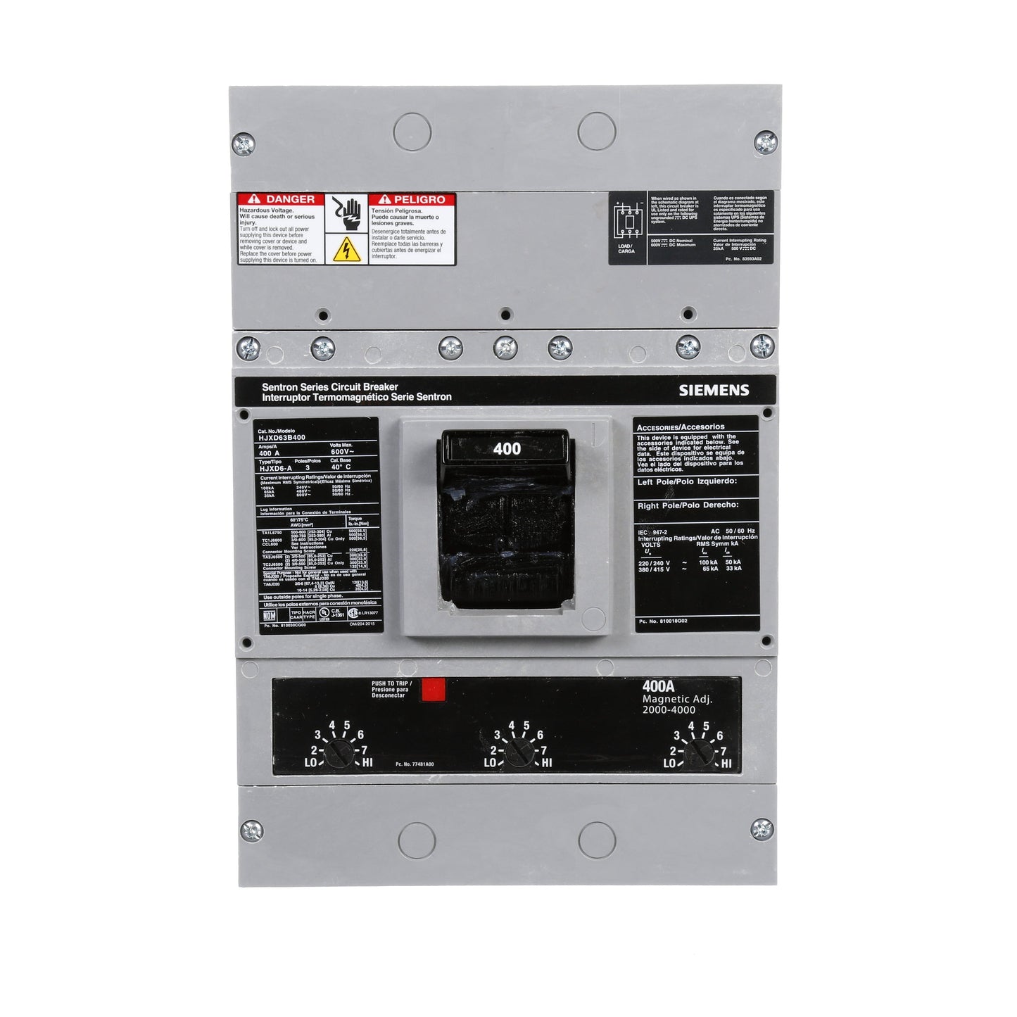 Siemens HJXD63B400 Circuit Breaker | 600V 400A 3P 65kA@480V Bolt-On Sentron Series