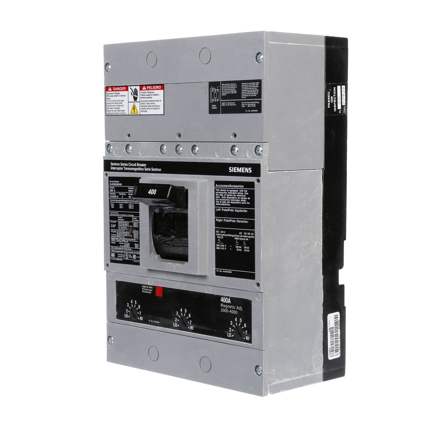 Siemens HJXD63B400 Circuit Breaker | 600V 400A 3P 65kA@480V Bolt-On Sentron Series