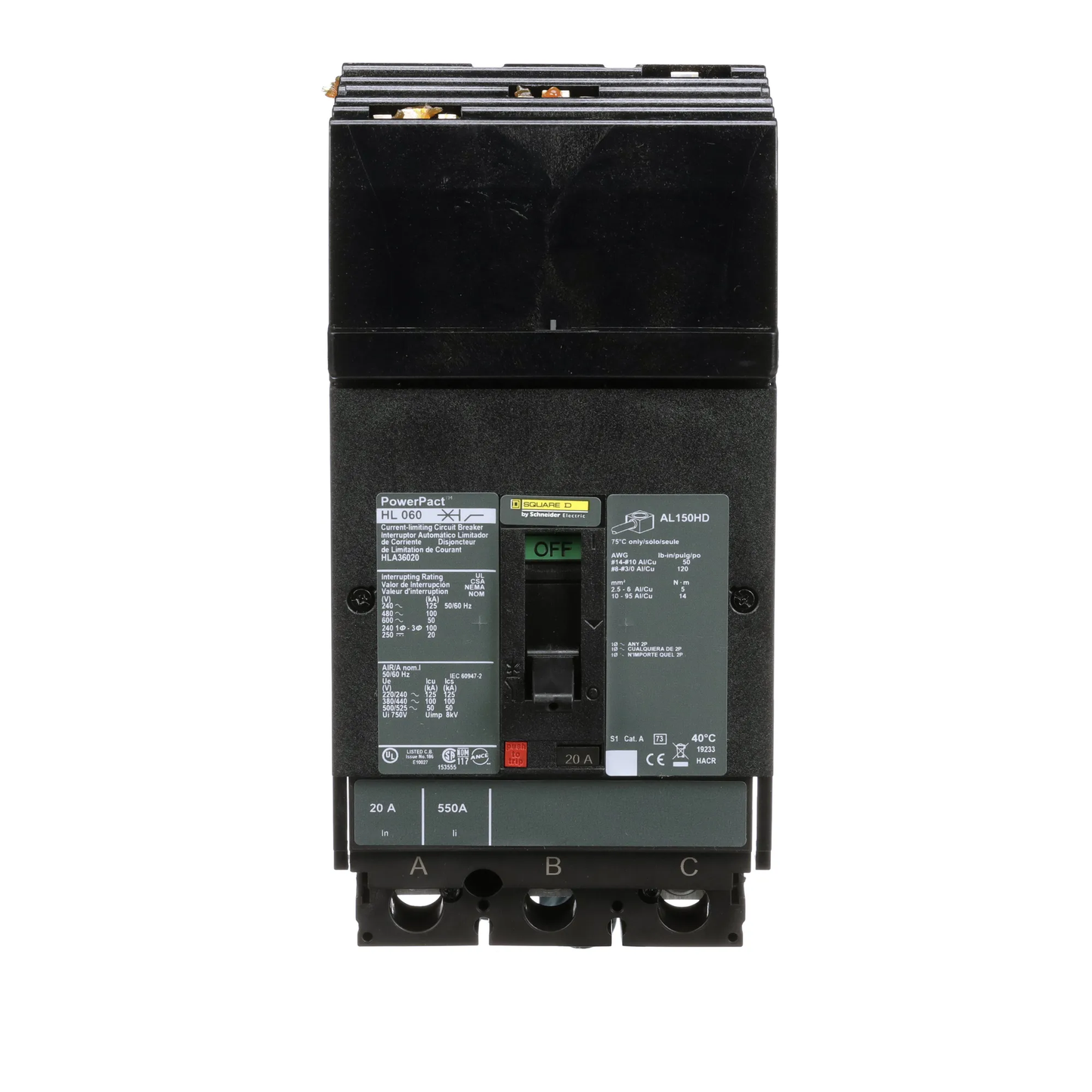 Square D HLA36020 Circuit Breaker | 600V 20A 3P 100kA@480V I-Line Plug-In Powerpact HLA