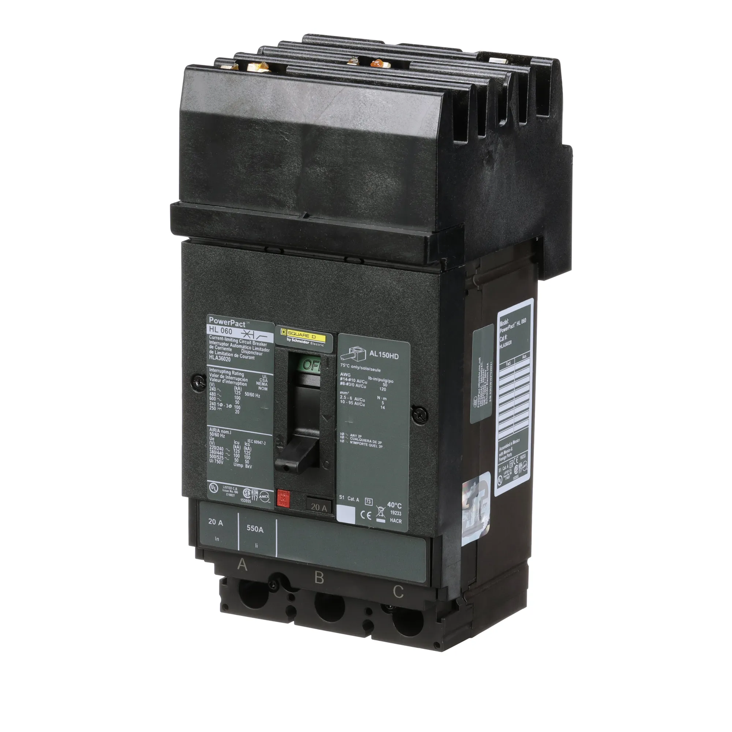 Square D HLA36020 Circuit Breaker | 600V 20A 3P 100kA@480V I-Line Plug-In Powerpact HLA