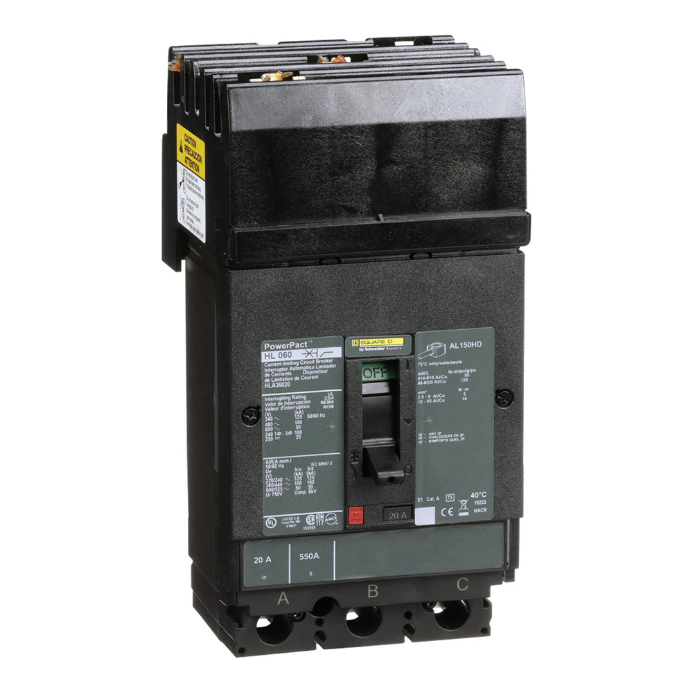 Square D HLA36020 Circuit Breaker | 600V 20A 3P 100kA@480V I-Line Plug-In Powerpact HLA