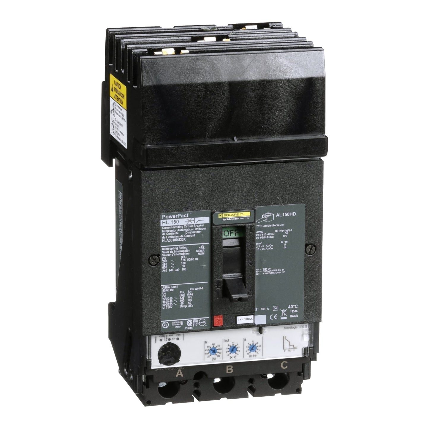 Square D HLA36100U33X Circuit Breaker | 600V 100A 3P 100kA@480V Feed-Thru