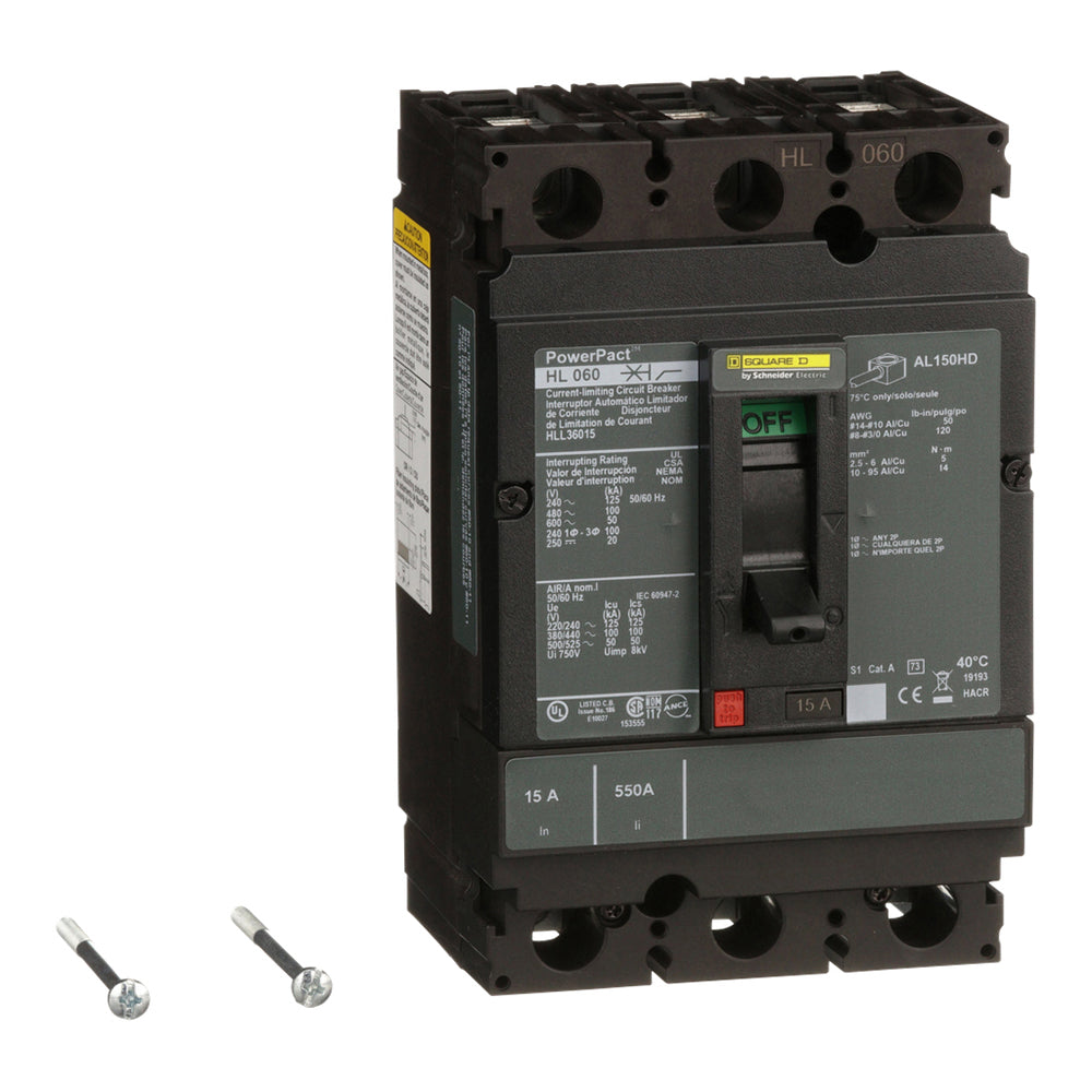 Square D HLL36015 Circuit Breaker | 600V 15A 3P 100kA@480V Feed-Thru Powerpact HLL