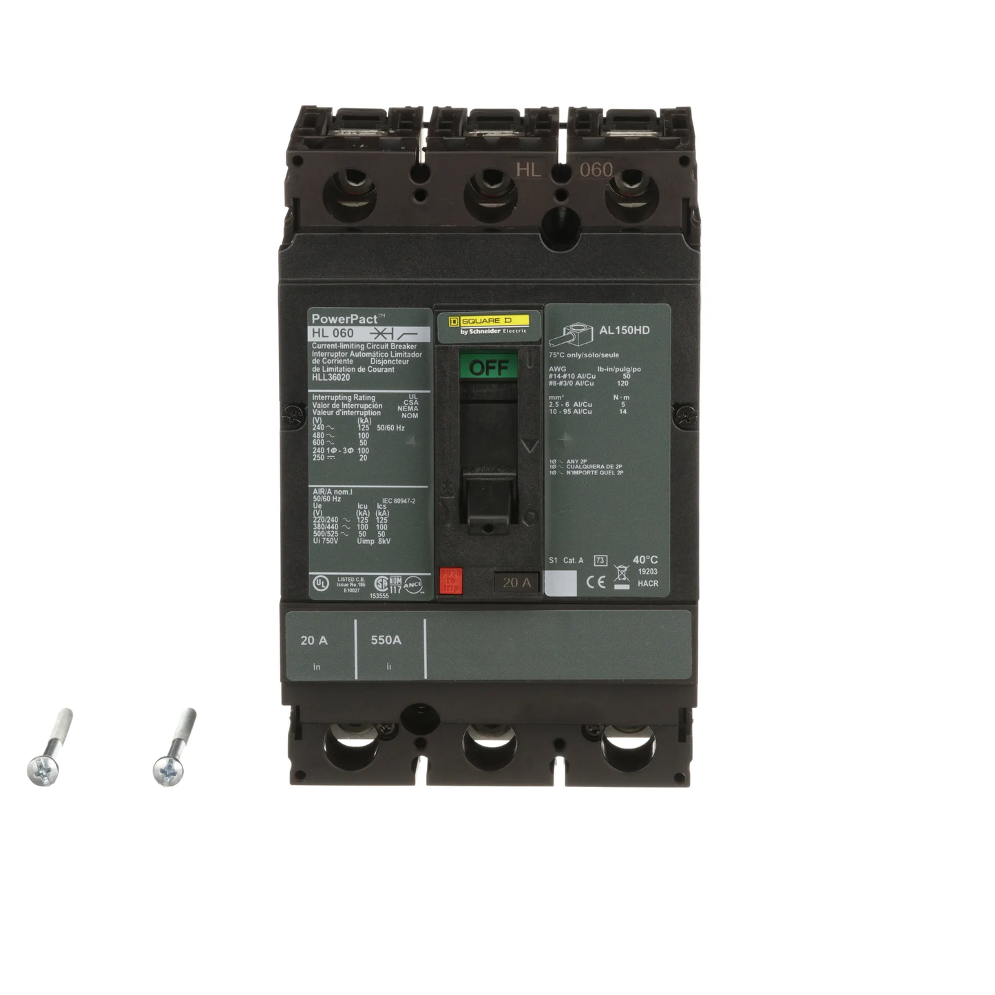 Square D HLL36020 Circuit Breaker | 600V 20A 3P 100kA@480V Feed-Thru Powerpact HLL