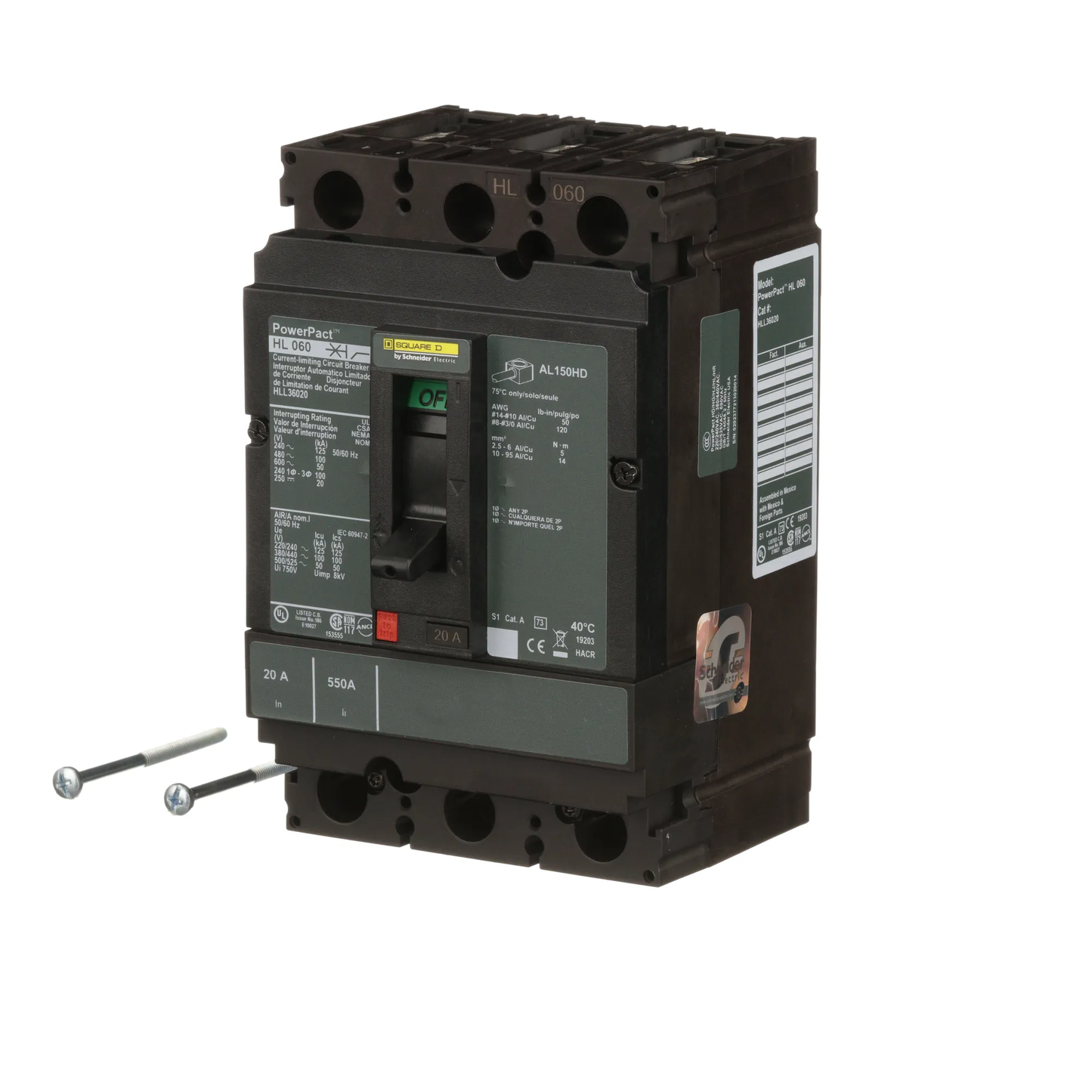 Square D HLL36020 Circuit Breaker | 600V 20A 3P 100kA@480V Feed-Thru Powerpact HLL