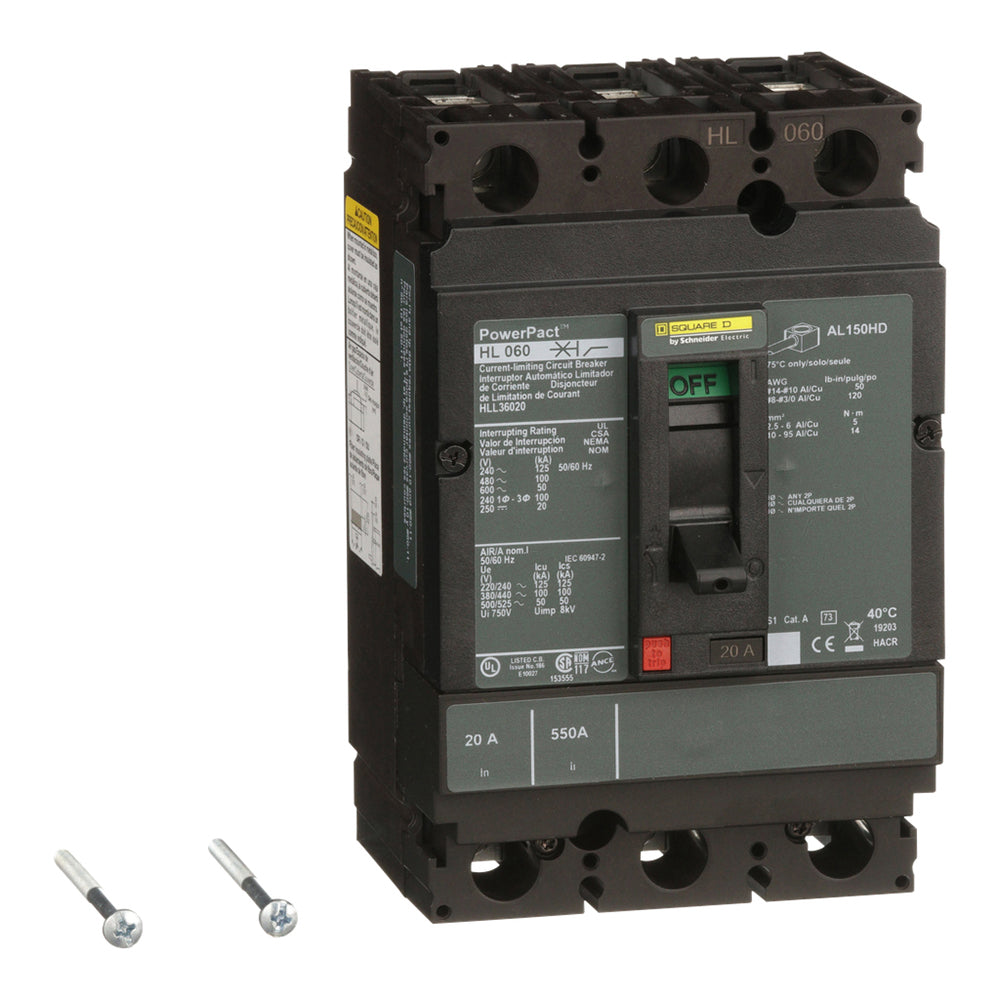 Square D HLL36020 Circuit Breaker | 600V 20A 3P 100kA@480V Feed-Thru Powerpact HLL