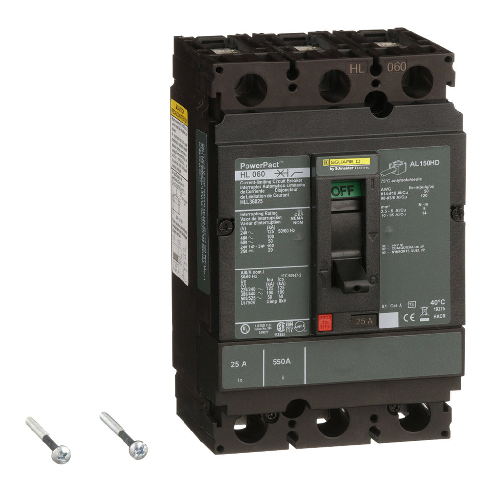 Square D HLL36025 Circuit Breaker | 600V 25A 3P 100kA@480V Feed-Thru Powerpact HLL