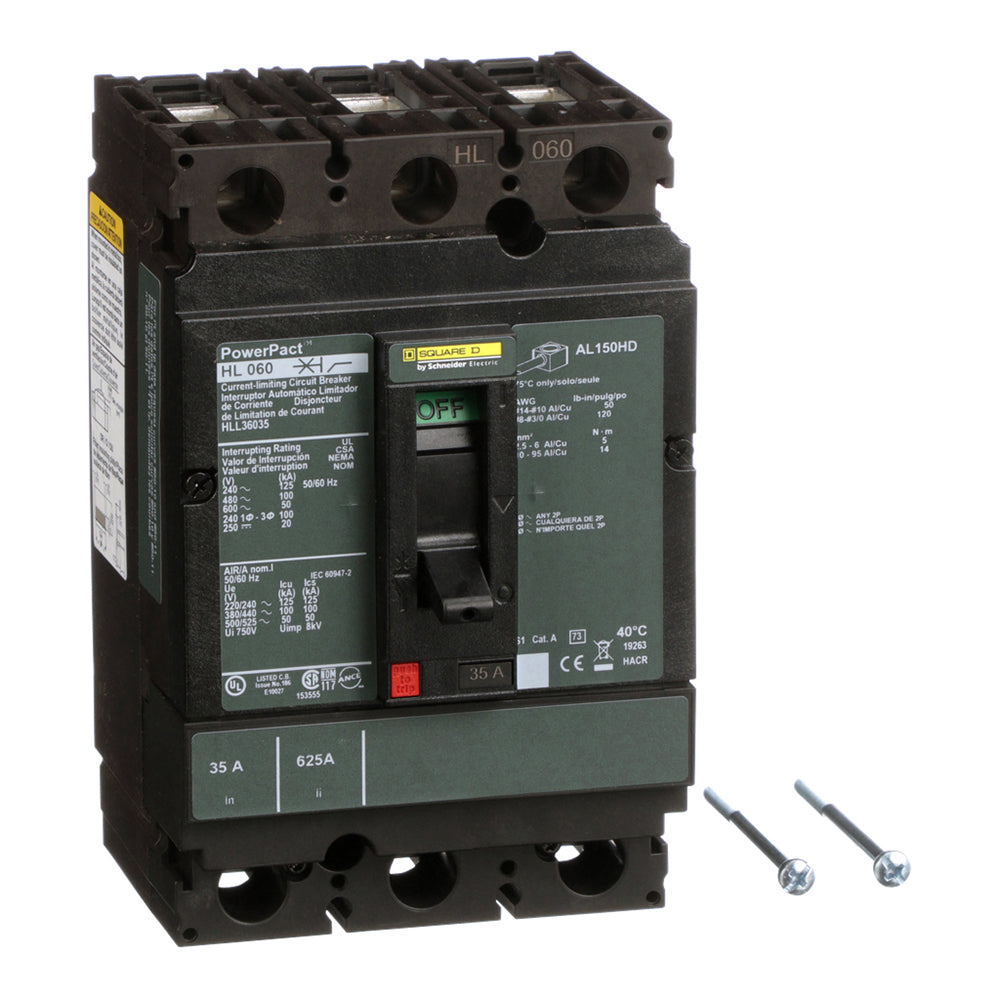 Square D HLL36035 Circuit Breaker | 600V 35A 3P 100kA@480V Feed-Thru Powerpact HLL