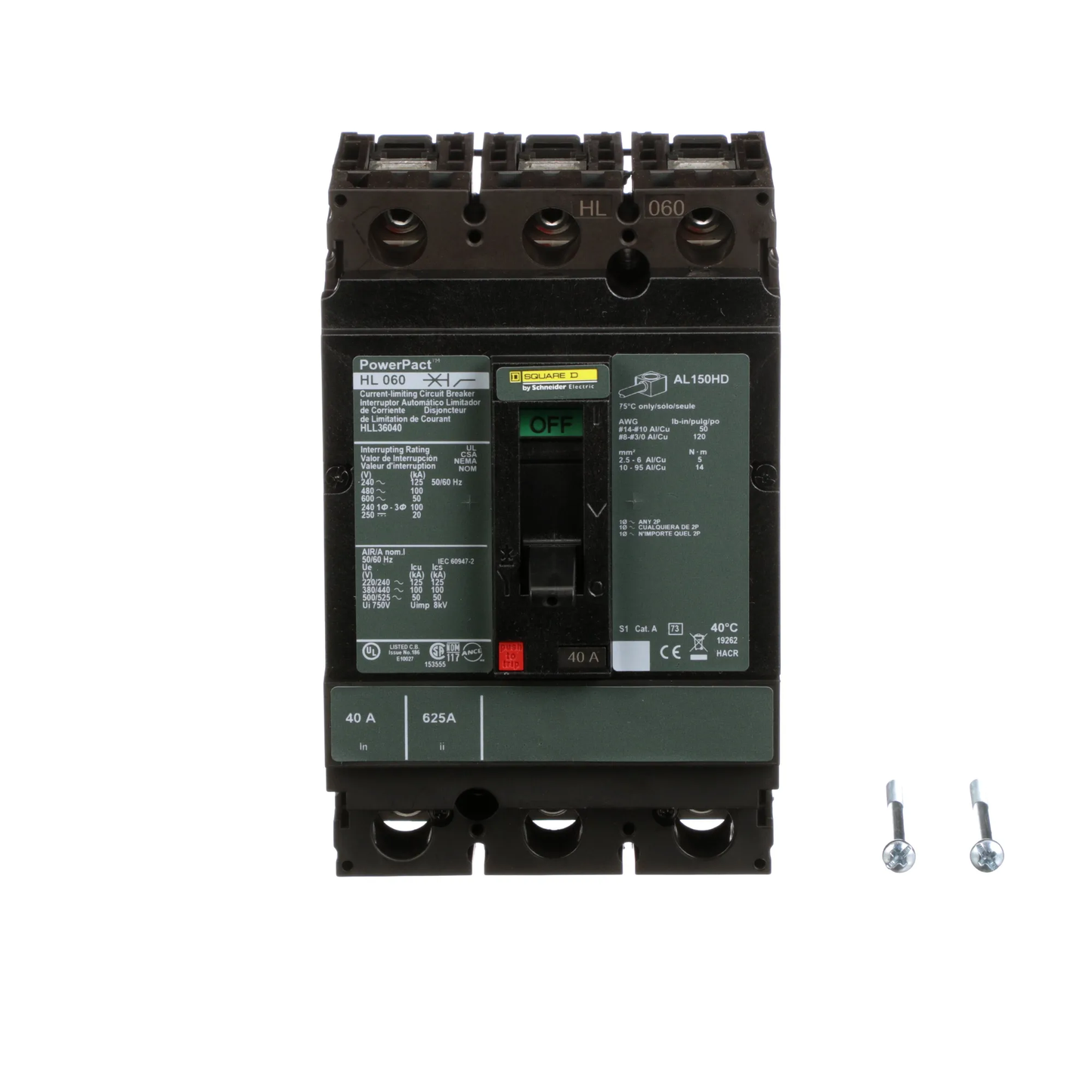 Square D HLL36040 Circuit Breaker | 600V 40A 3P 100kA@480V Feed-Thru Powerpact HLL