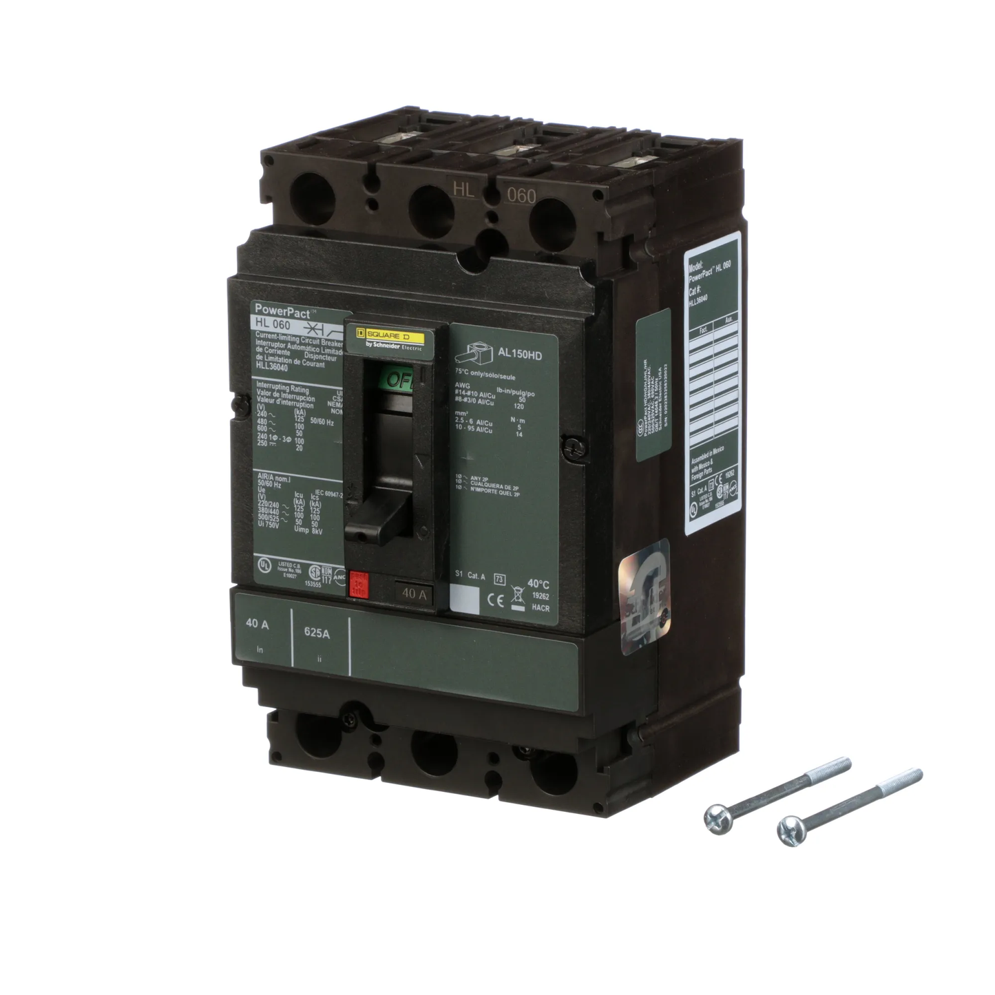 Square D HLL36040 Circuit Breaker | 600V 40A 3P 100kA@480V Feed-Thru Powerpact HLL