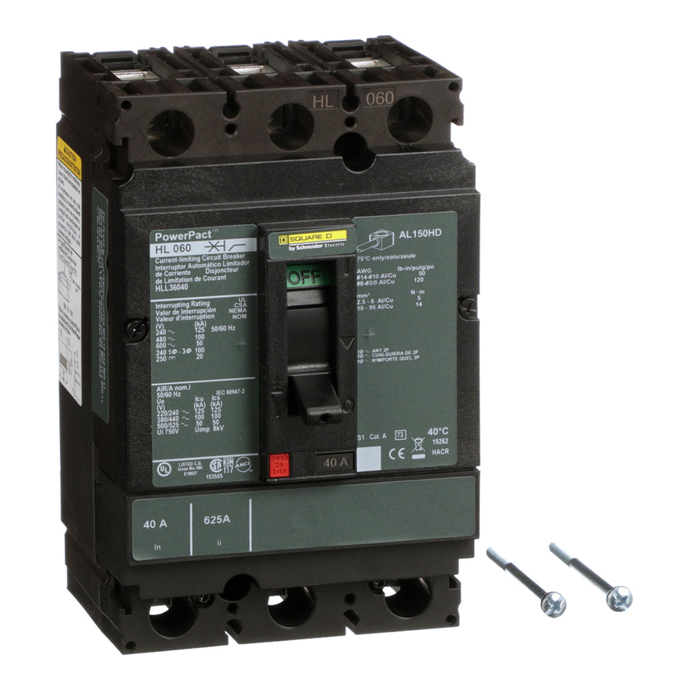 Square D HLL36040 Circuit Breaker | 600V 40A 3P 100kA@480V Feed-Thru Powerpact HLL