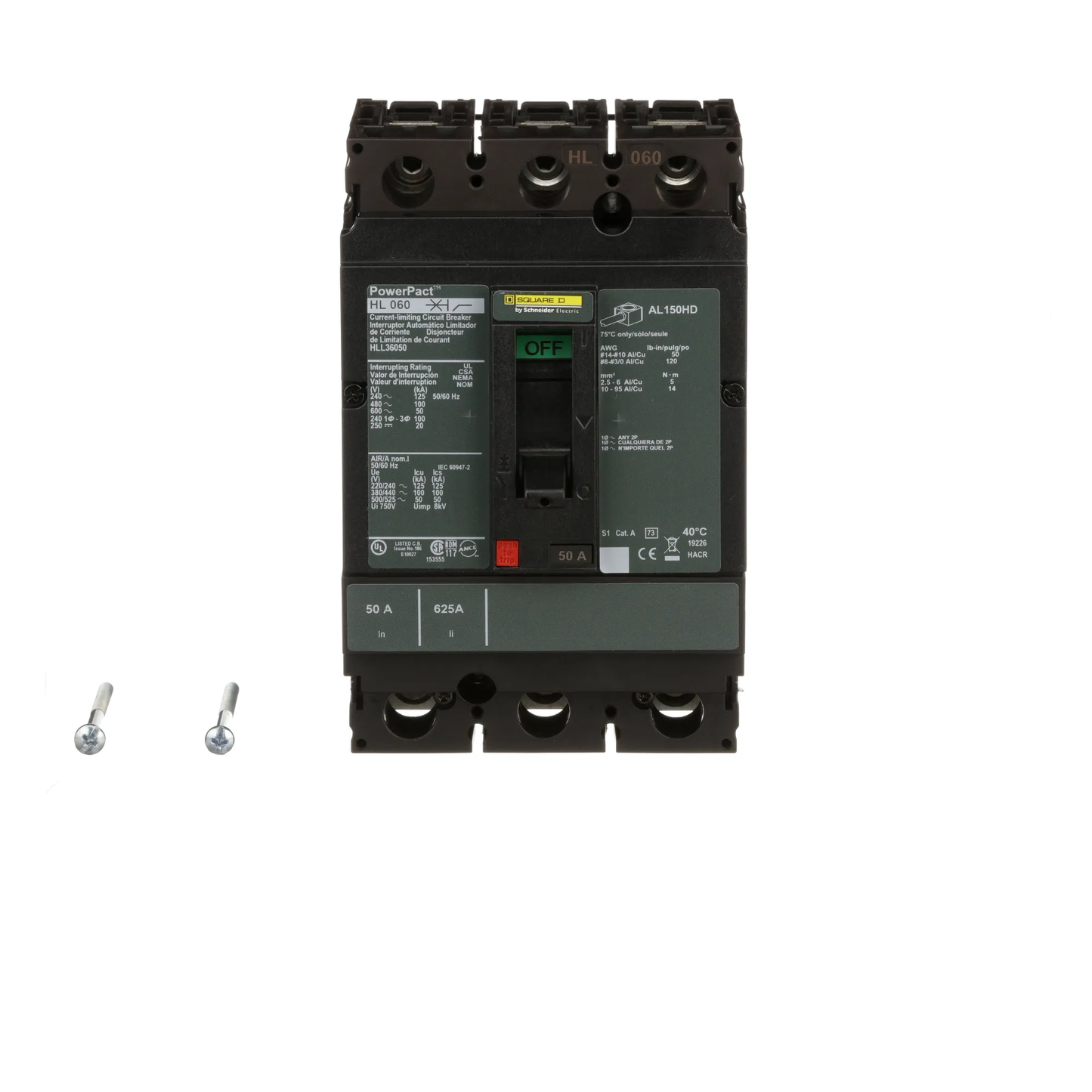 Square D HLL36050 Circuit Breaker | 600V 50A 3P 100kA@480V Feed-Thru Powerpact HLL