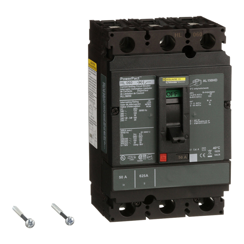 Square D HLL36050 Circuit Breaker | 600V 50A 3P 100kA@480V Feed-Thru Powerpact HLL