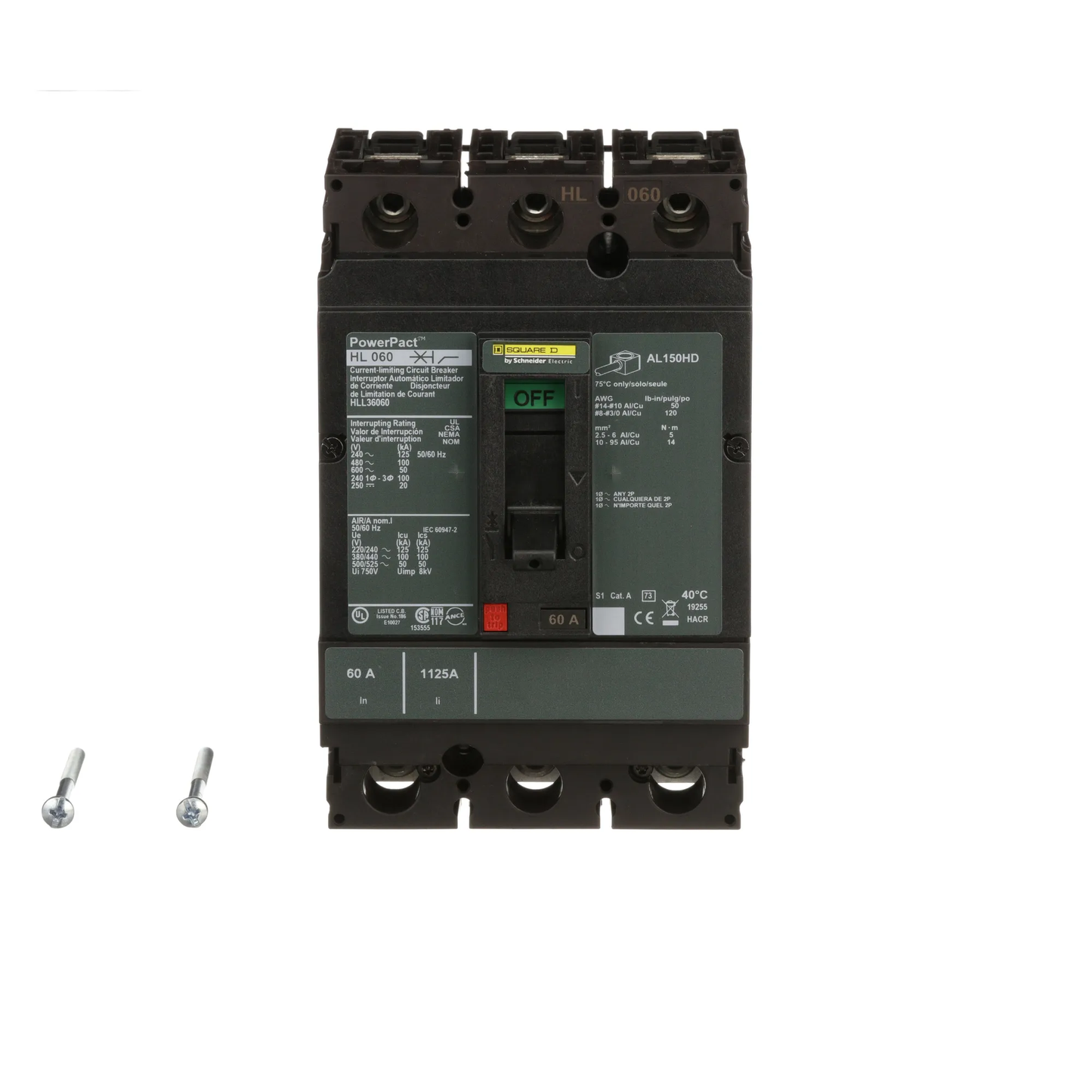 Square D HLL36060 Circuit Breaker | 600V 60A 3P 100kA@480V Feed-Thru Powerpact HLL
