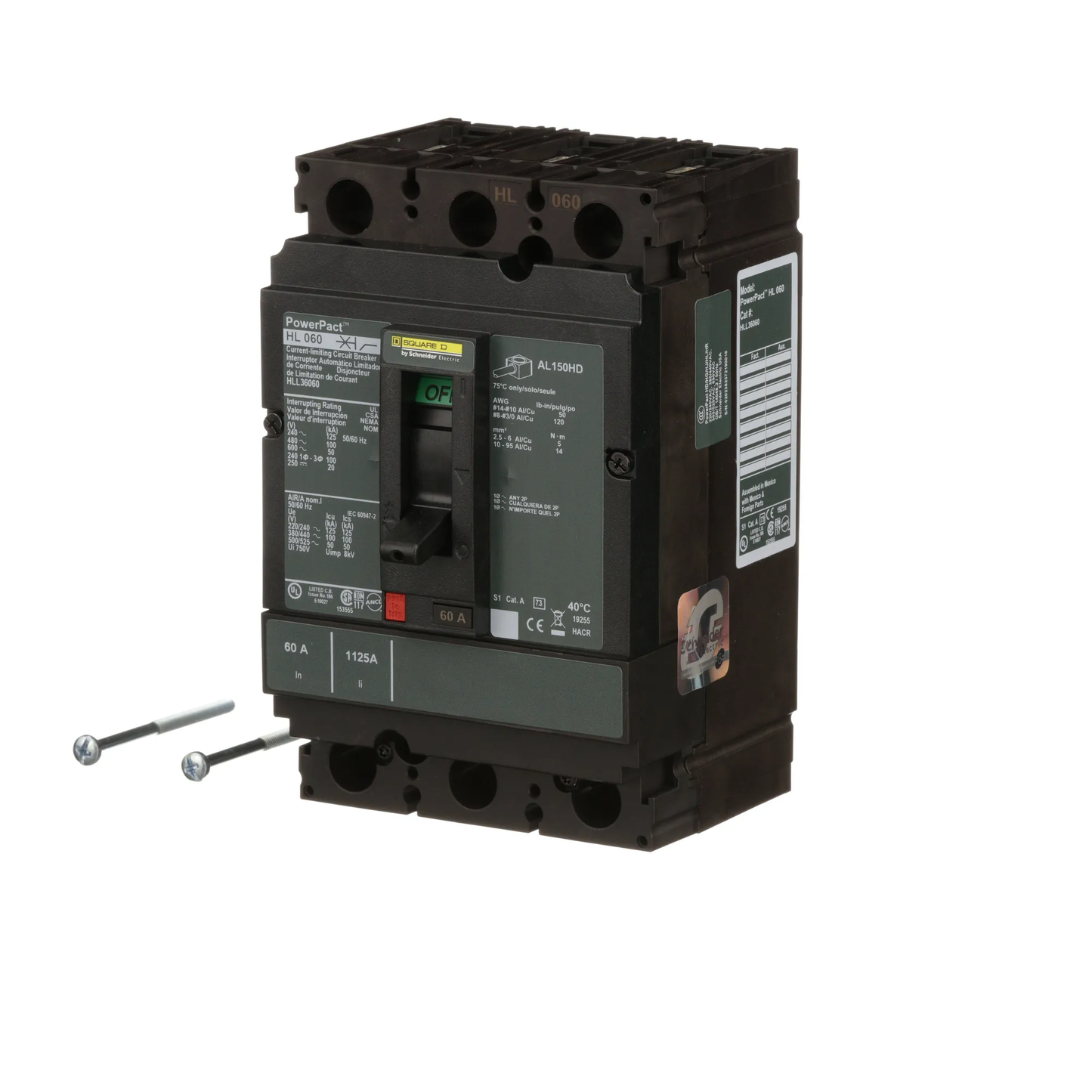 Square D HLL36060 Circuit Breaker | 600V 60A 3P 100kA@480V Feed-Thru Powerpact HLL