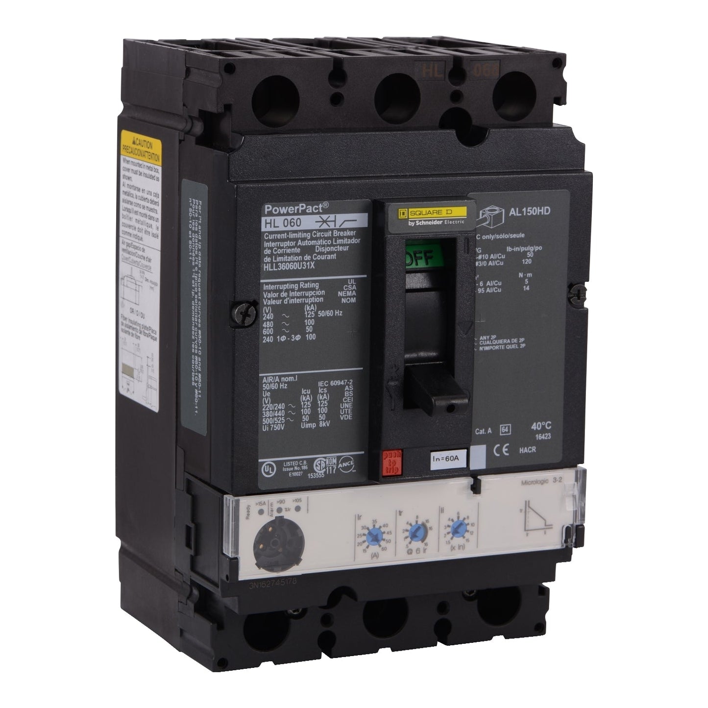 Schneider Electric HLL36060CU31X Circuit Breaker | 600V 60A 100kA@480V 3-Phase Feed-Thru Powerpact