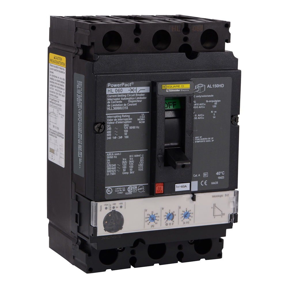 Square D HLL36060U31X Circuit Breaker | 600V 60A 3P 100kA@480V Feed-Thru Powerpact