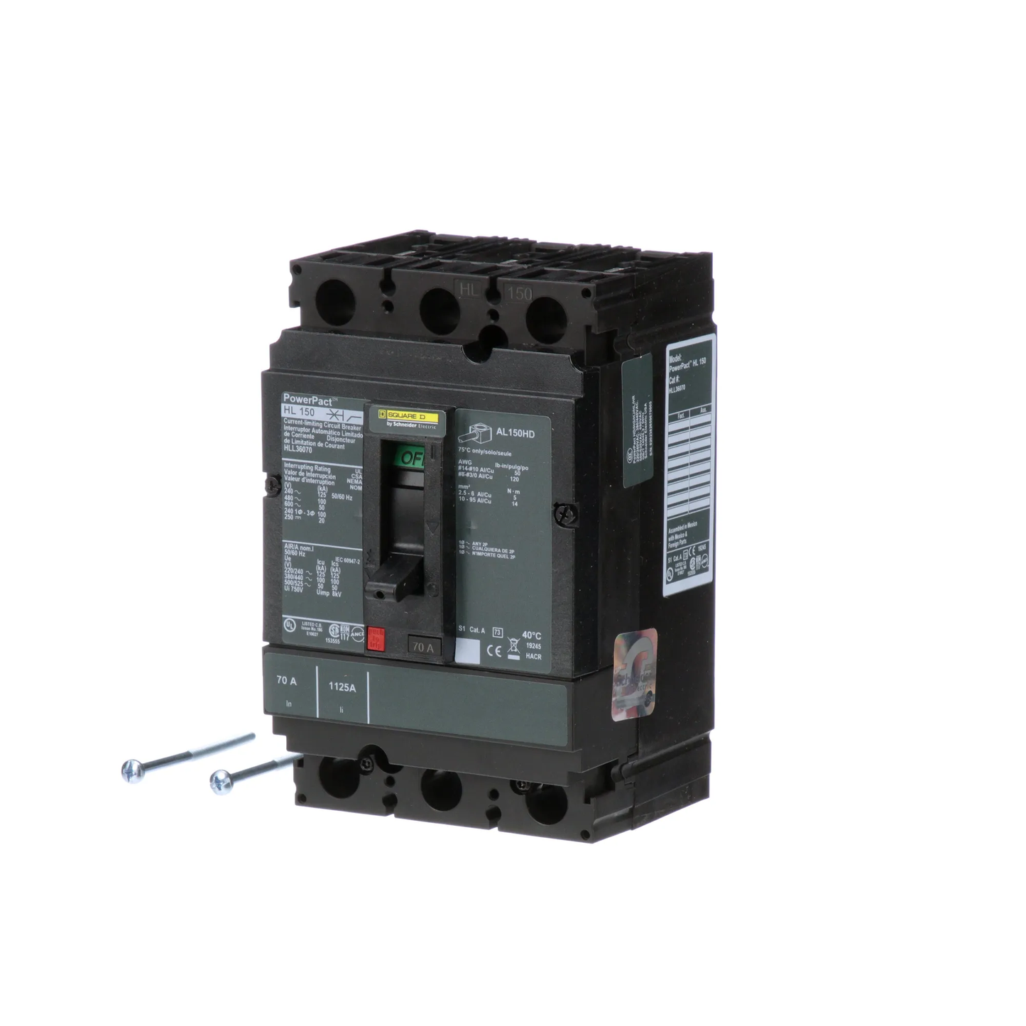 Square D HLL36070 Circuit Breaker | 600V 70A 3P 100kA@480V Feed-Thru Powerpact HLL
