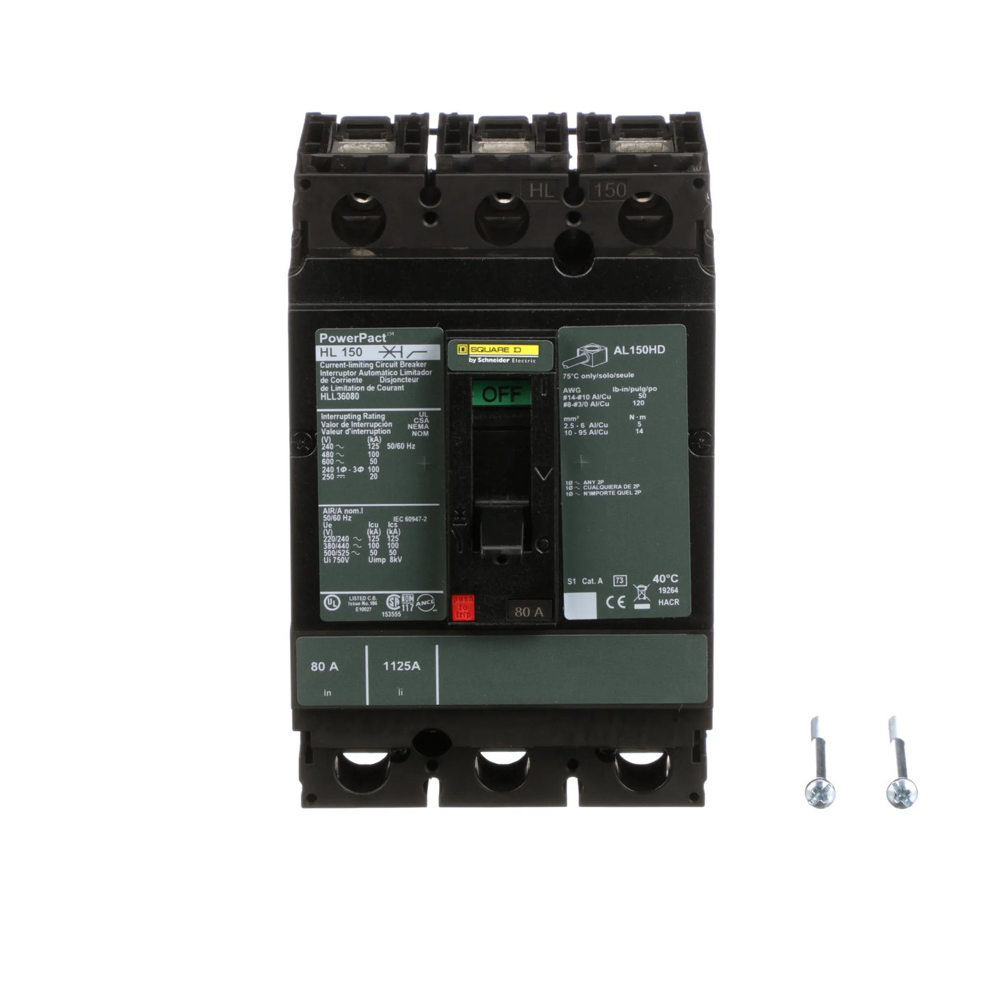 Square D HLL36080 Circuit Breaker | 600V 80A 3P 100kA@480V Feed-Thru Powerpact HLL