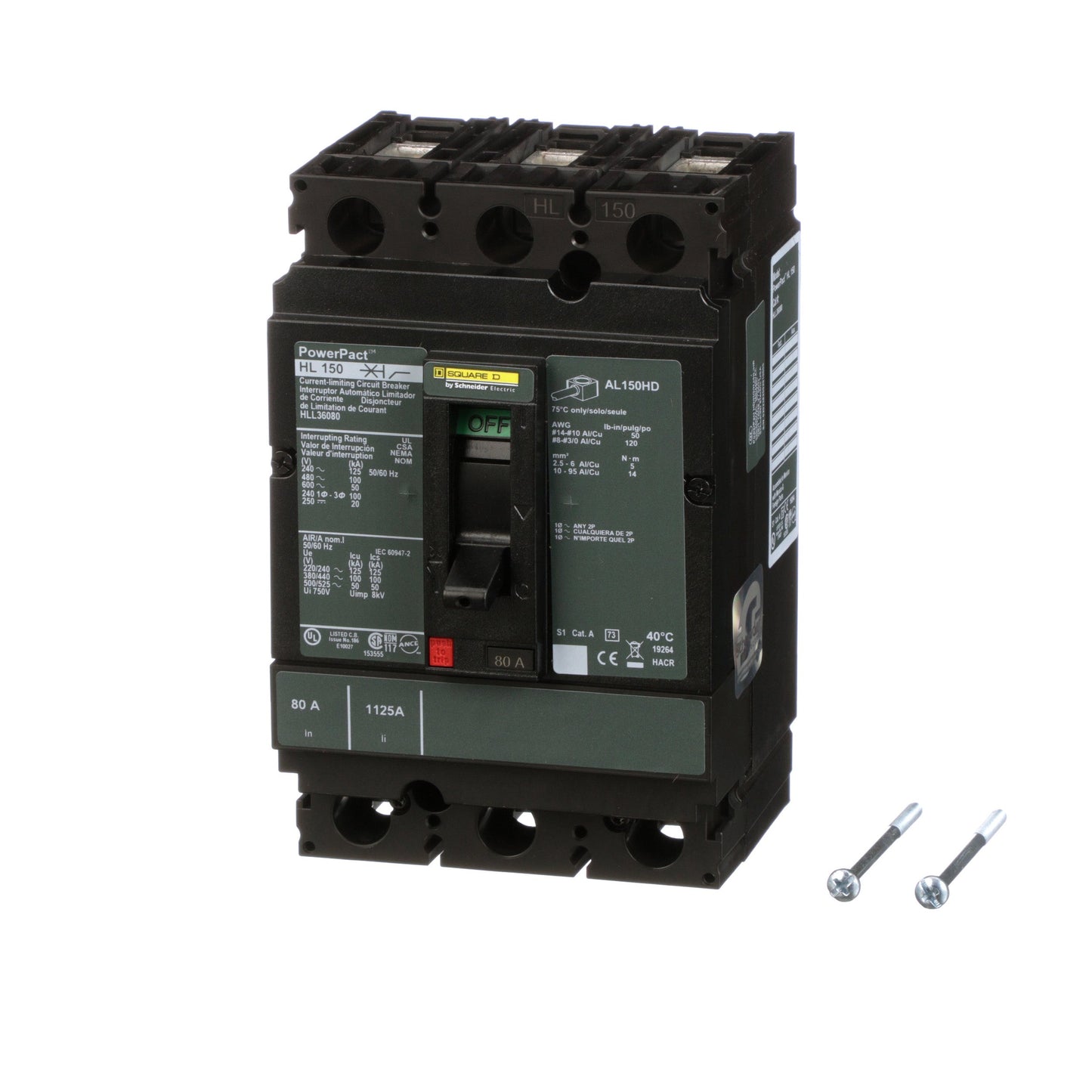 Square D HLL36080 Circuit Breaker | 600V 80A 3P 100kA@480V Feed-Thru Powerpact HLL