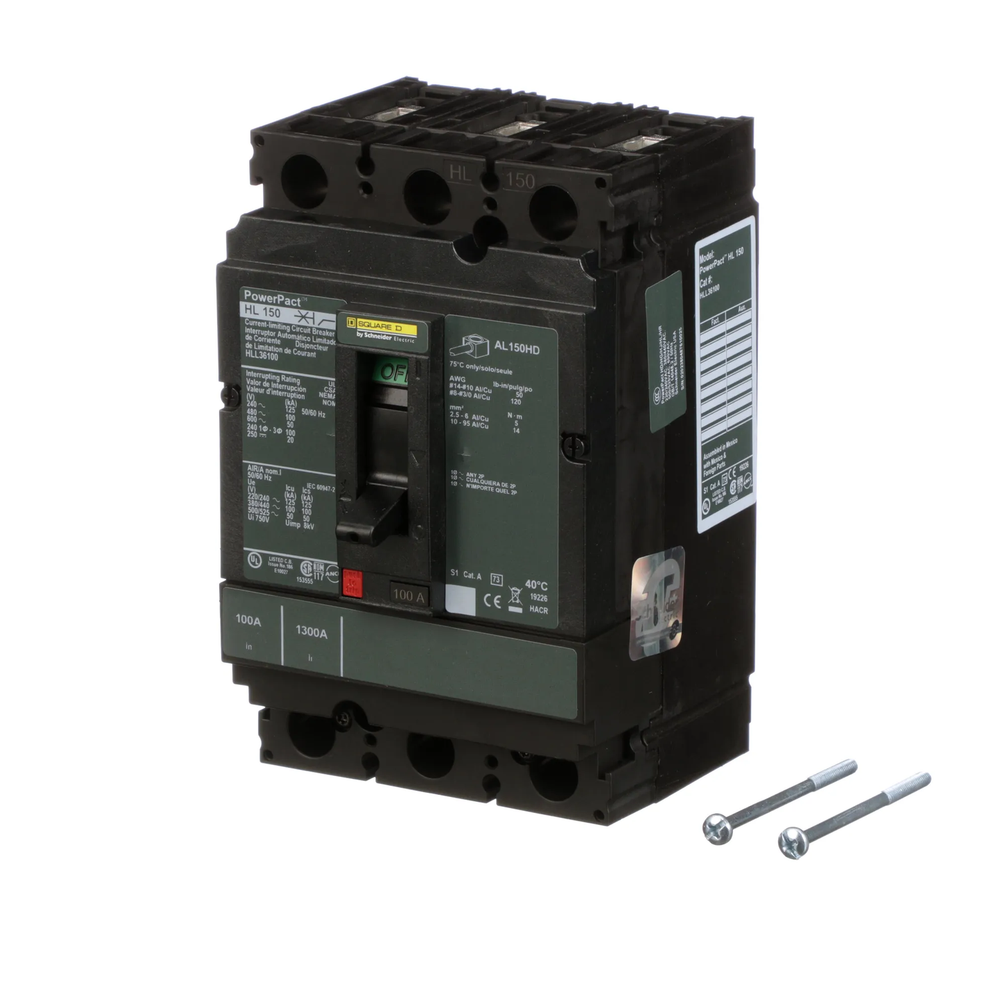 Square D HLL36100 Circuit Breaker | 600V 100A 3P 100kA@480V Feed-Thru Powerpact HLL