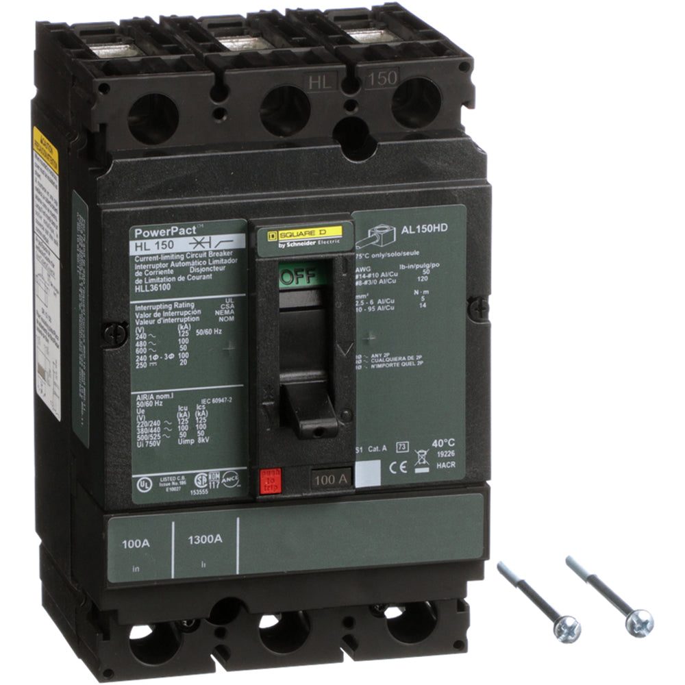 Square D HLL36100 Circuit Breaker | 600V 100A 3P 100kA@480V Feed-Thru Powerpact HLL