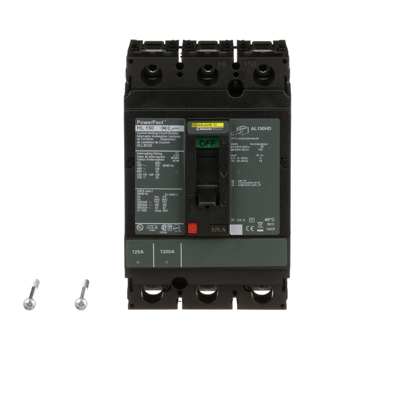 Square D HLL36125 Circuit Breaker | 600V 125A 3P 100kA@480V Feed-Thru Powerpact HLL