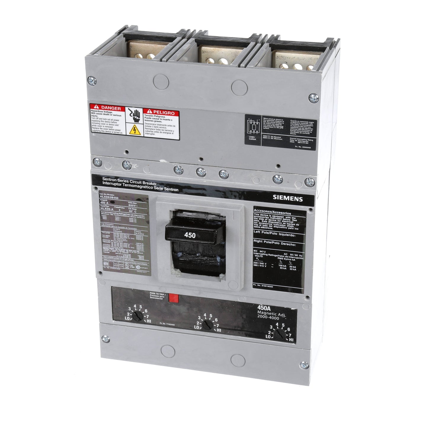 Siemens HLXD63B450 Molded Case Circuit Breaker | 600V 450A 3P 65kA@480V Bolt-On Sentron Series