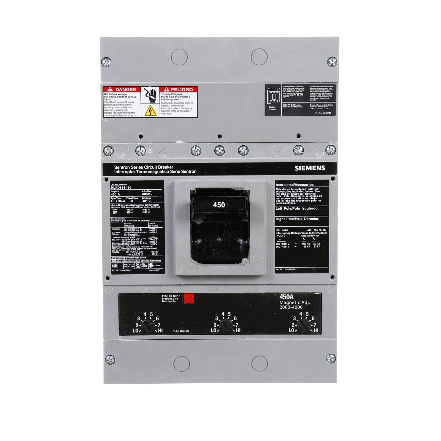 Siemens HLXD63B450 Molded Case Circuit Breaker | 600V 450A 3P 65kA@480V Bolt-On Sentron Series
