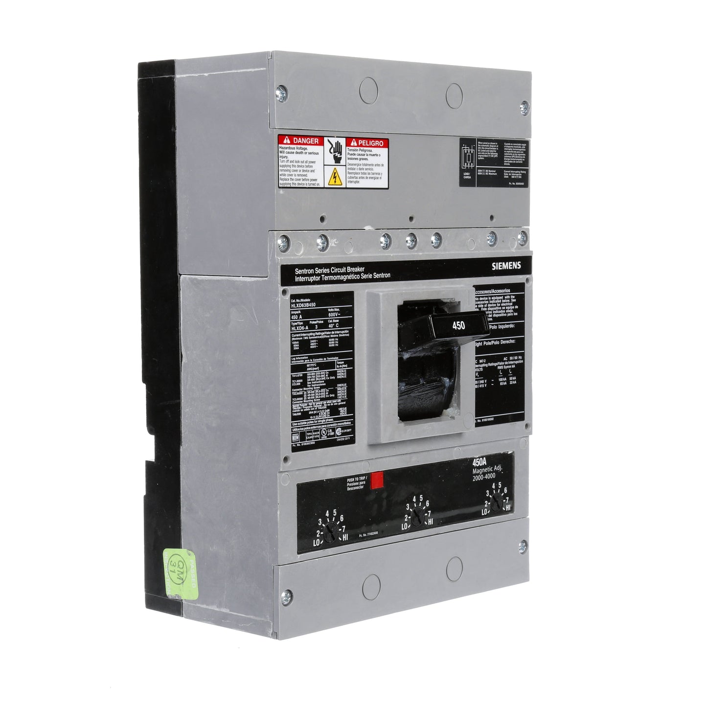 Siemens HLXD63B450 Molded Case Circuit Breaker | 600V 450A 3P 65kA@480V Bolt-On Sentron Series