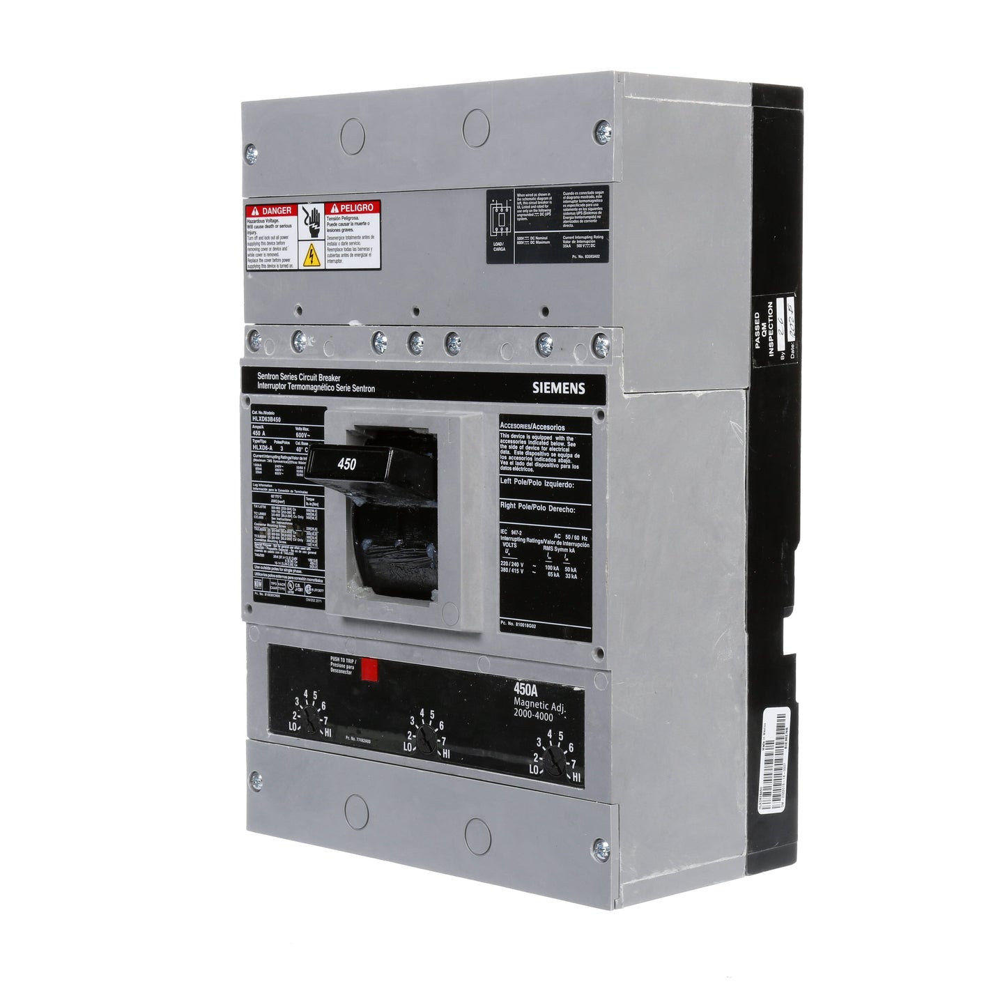 Siemens HLXD63B450 Molded Case Circuit Breaker | 600V 450A 3P 65kA@480V Bolt-On Sentron Series