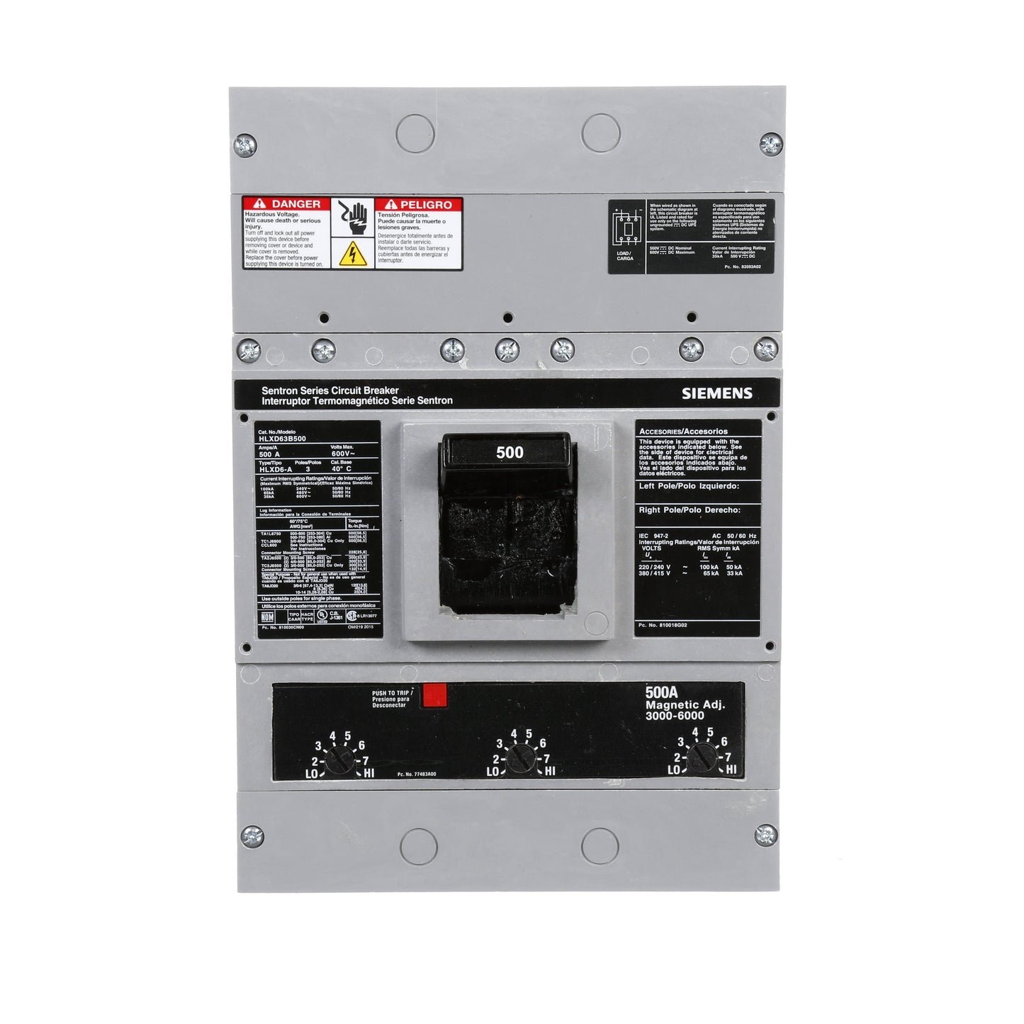 Siemens HLXD63B500 Circuit Breaker | 600V 500A 3P 65kA@480V Bolt-On Sentron Series