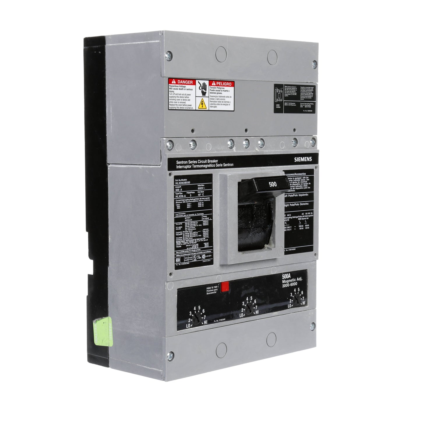 Siemens HLXD63B500 Circuit Breaker | 600V 500A 3P 65kA@480V Bolt-On Sentron Series