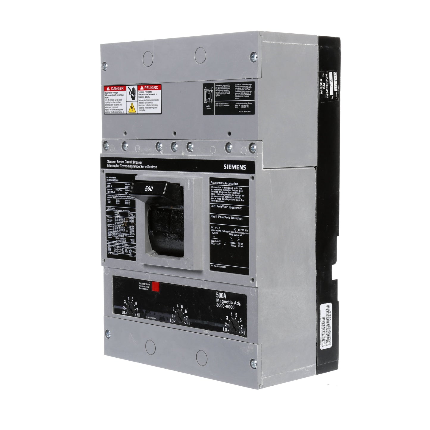 Siemens HLXD63B500 Circuit Breaker | 600V 500A 3P 65kA@480V Bolt-On Sentron Series