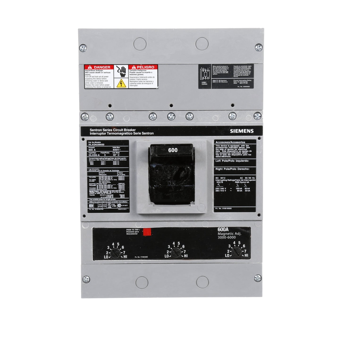 Siemens HLXD63B600 Circuit Breaker | 600V 600A 3P 65kA@480V Bolt-On Sentron Series