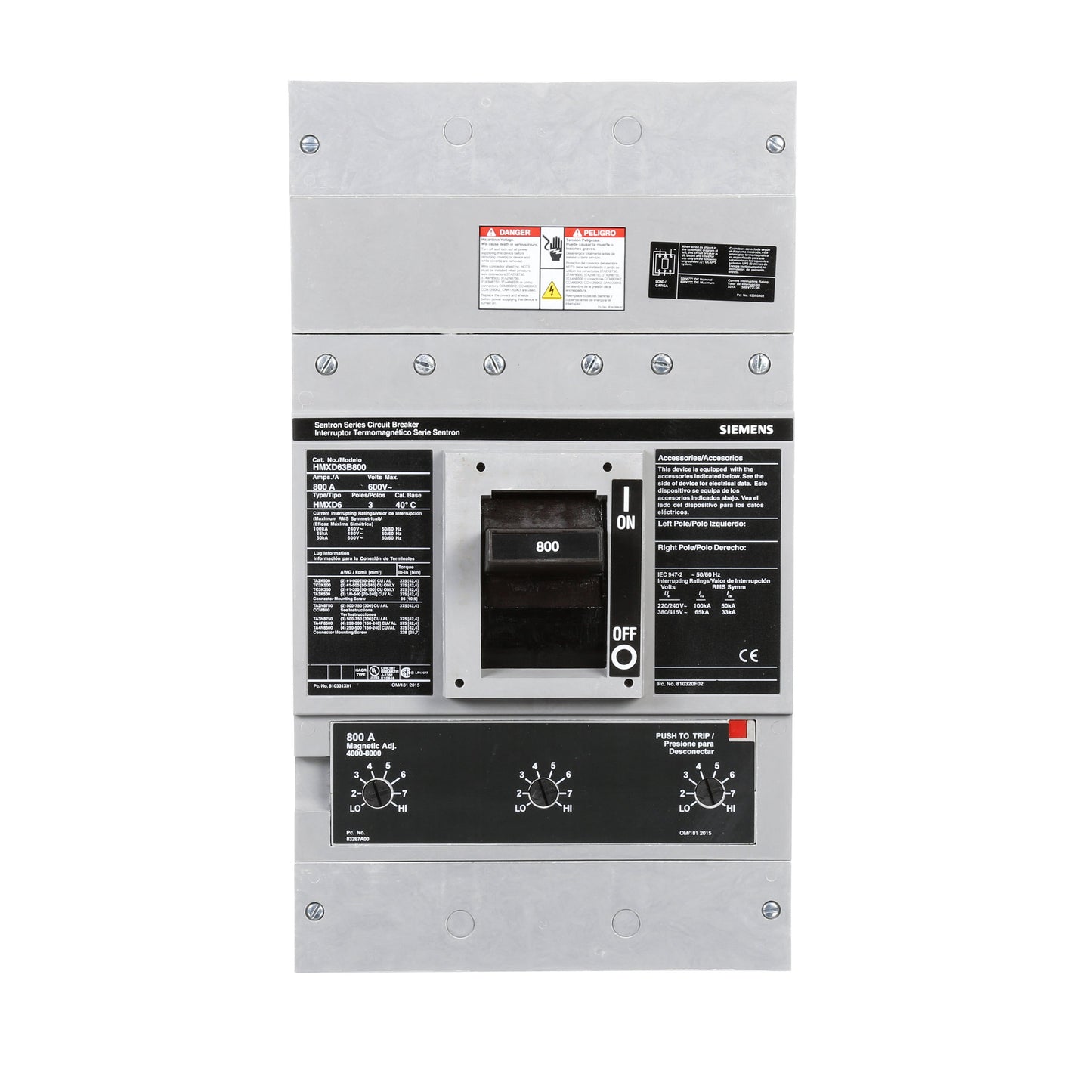 Siemens HMXD63B800 Molded Case Circuit Breaker | 600V 800A 3P 65kA@480V Bolt-On Sentron Series