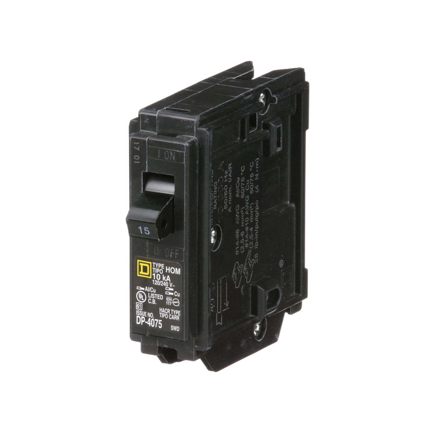 Square D HOM115 Circuit Breaker | 120/240V 15A 1P 10kA@120V Plug-In HOMELINE