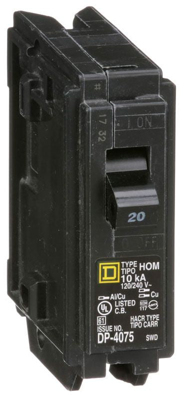 Square D HOM120 Circuit Breaker 120/240V 20A 1P 10kA@120V Plug-In HOMELINE