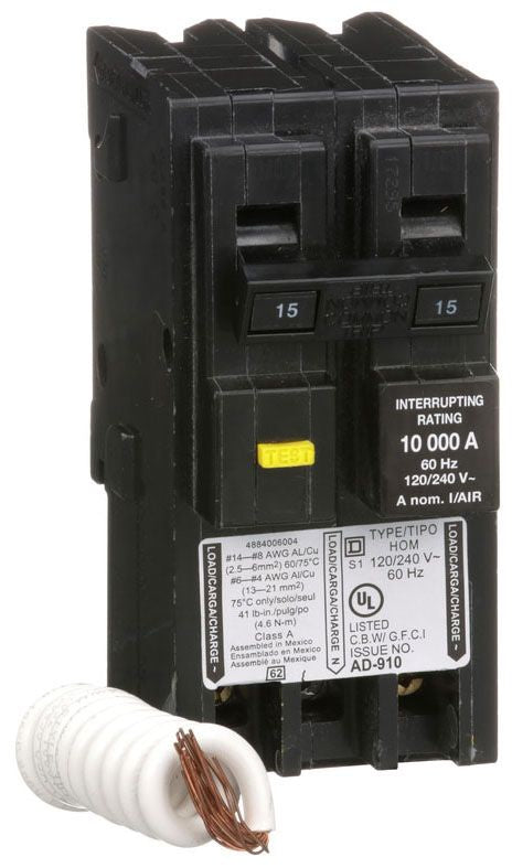 Square D HOM215GFI Circuit Breaker 120/240VAC 15A 2Pole 10kA@240V Plug-In HOMELINE