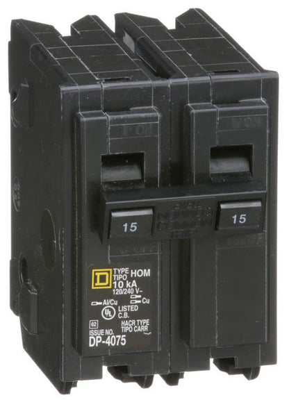 Square D HOM215 Circuit Breaker | 120/240V 15A 2P 10kA@240V Plug-In HOMELINE