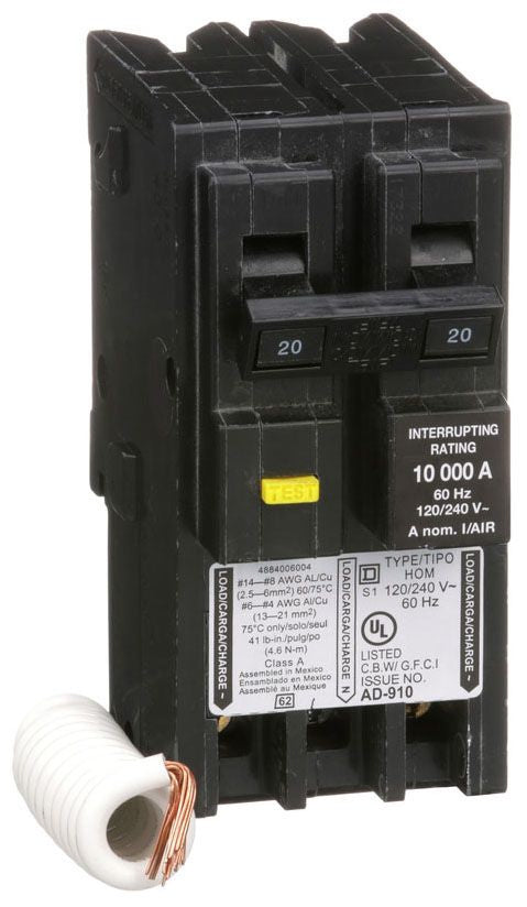 Square D HOM220GFI Circuit Breaker 120/240VAC 20A 2Pole 10kA@240V Plug-In HOMELINE
