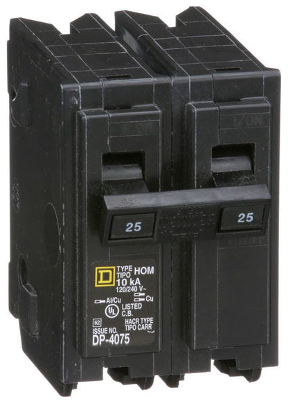 Square D HOM225 Circuit Breaker | 120/240V 25A 2P 10kA@240V Plug-In HOMELINE