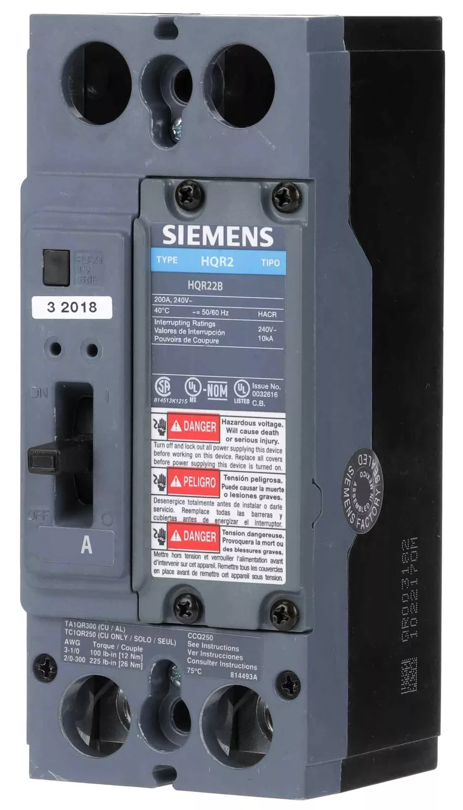 Siemens HQR22B125HL Circuit Breaker | 240V 125A 2P 100kA@240V Feed-Thru QR Series